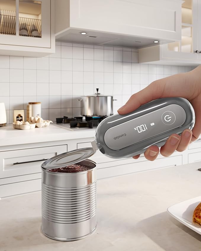 Canslab RETRO Electric Can Opener, Auto-Stop One-Touch Operation, USB Rechargeable with LED Battery Track, Side Cut Smooth Edge Can Opener for Seniors with Arthritis, Wall-Mountable Small Size, Grey