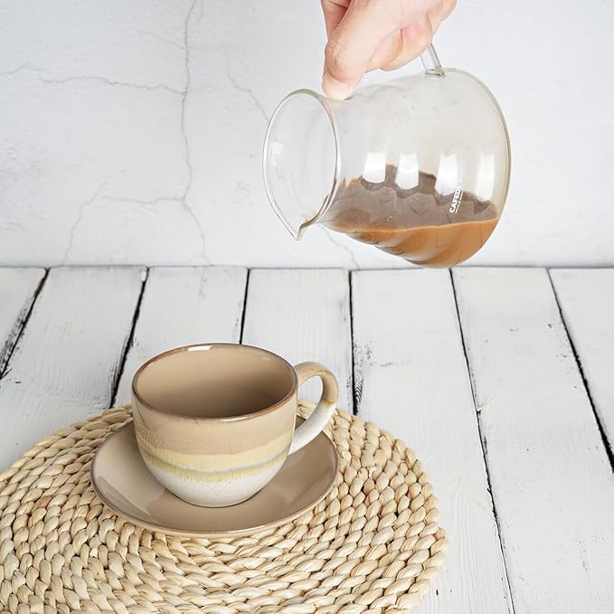 Bosmarlin Ceramic Cappuccino Cup and Saucer Set of 2, 10 Oz, Coffee Cups for Latte, Espresso, Tea, Dishwasher and Microwave Safe (Brown Grey)