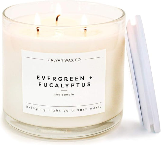 Calyan Wax Co. Evergreen & Eucalyptus 3 Wick Scented Candle - 43 Hour Burn - Luxury 3 Wick Soy Candles - Non Toxic Soy Wax Candles - Long Lasting Large Glass Jar Candle for Home - 14.9oz