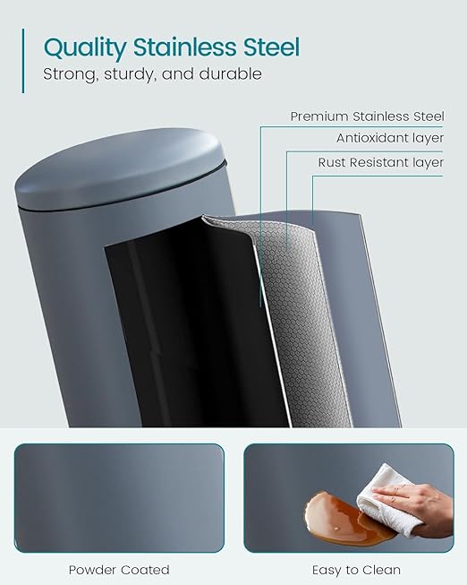 8 Gallon Trash Can, Pedal Trash can with lid, Stainless Steel Garbage Can, Soft Close Lid, Removal Liner, Round Trash bin for Kitchen, Office, Living Room or Bathroom, Grey
