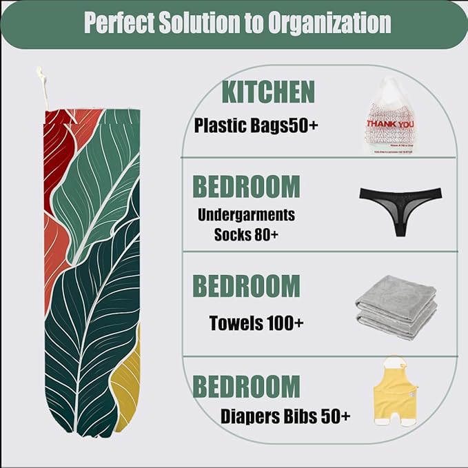 2 Pcs Palm Leaves Plastic Bag Holder, Botanical Grocery Bag Holder for Plastic Bags, Reusable Grocery Bag Organizer with Drawstring, Pull Rope Free Adjustment, Home Kitchen Pantry Decor, 22.5x9 Inch