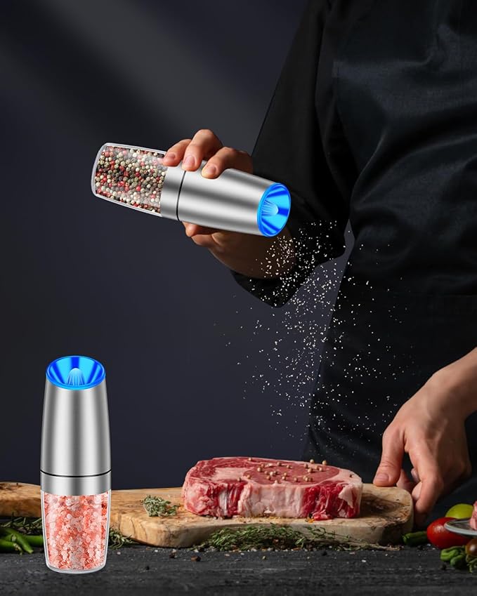 Gravity Electric Pepper and Salt Grinder Set, Adjustable Coarseness, With LED Light, One Hand Automatic Operation, Stainless Steel Black, (2 Pack Silver)