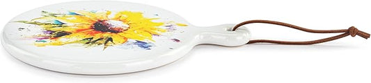 DEMDACO Dean Crouser Collection Watercolor Yellow Sunflower Round Mini 5 x 6.5 Stoneware, Suede, Wood Cutting Cheese Serving Board with Knife