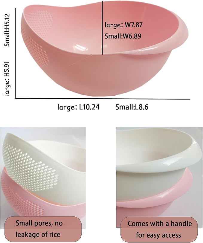 2-in-1 Rice Colander, Vegetable and Fruit Cleaning Filter Basket, 2Piece Sturdy and Easy-To-Use Food Grade Kitchen Tool Accessories (Pink+white, Small)