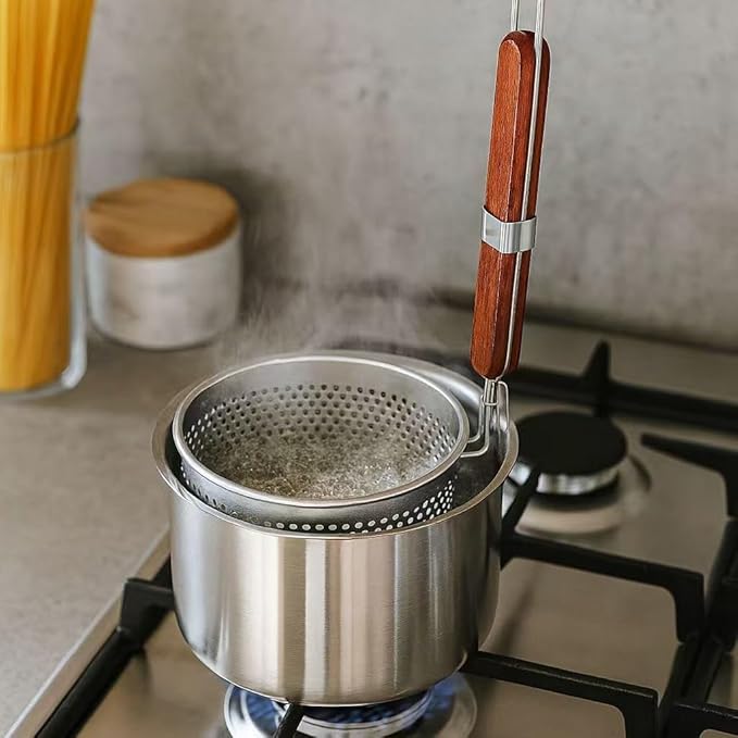 Mesh Pasta Basket Food Strainer Insert For Pot, Colander with Round Wooden Handle Stainless Steel Mesh Spider Strainer for Pasta Noodles Dumpling Vegetable