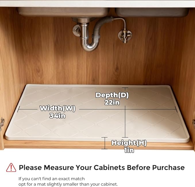 34" x 22" Under Sink Liner and Protector for Bottom of Kitchen Sink Beige, Waterproof Under-Sink Organizers Sink Mat Protectors, Flexible Silicone Drip Tray Pet Food Mats