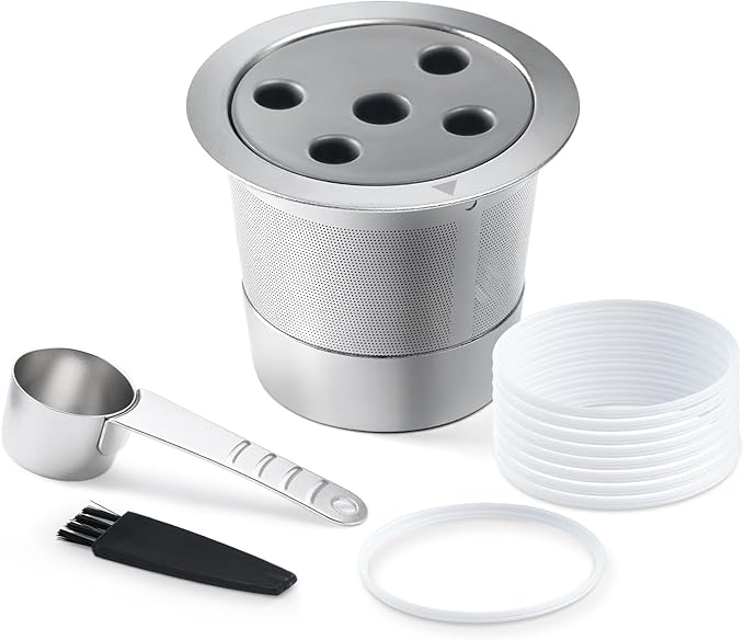 Stainless Steel Reusable K Cups for K eurig Supreme & Supreme Plus, Five Hole Universal K-eurig Reusable Refillable Coffee Pod Filter with Replacement Rubber O-ring
