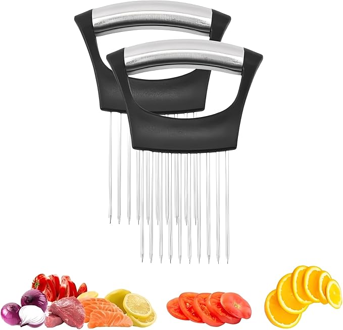 Stainless Steel Onion Slice Holder, 2026 New Upgraded Vegetable Slicer Cutter, Chopper Slicing Assistant Tool for Meat, Onion, Potato, Tomato Home Kitchen Tools (2pcs)