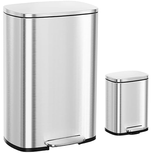 Arlopu 13.2+1.3 Gallon Step Trash Can, Stainless Steel Garbage Bin, Soft-Close Rubbish Bin with Removable Plastic Inner Bucket, Fingerprint-Proof, Lid Dustbin, for Kitchen Home (Silver)
