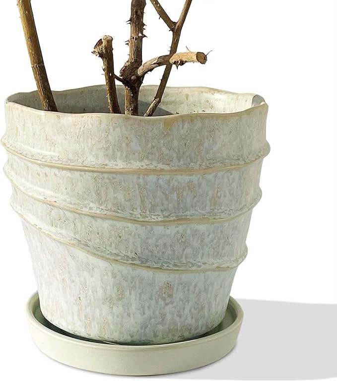 Medium Pots for Plants, 6in Plant Pots with Drainage & Saucer, Ceramic Flower Pots for Indoor Plants, Light Green