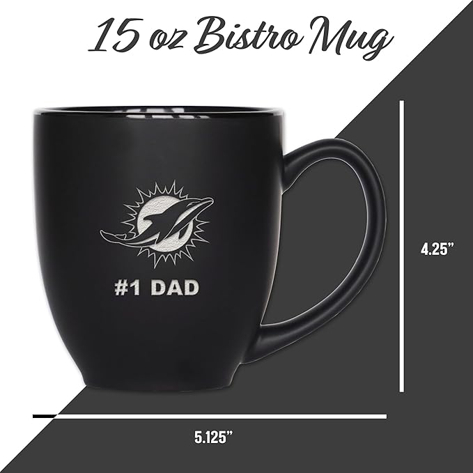 Rico Industries NFL Football #1 Dad 15oz Laser Engraved Matte Black Ceramic Bistro Mug - for Hot or Cold Drinks