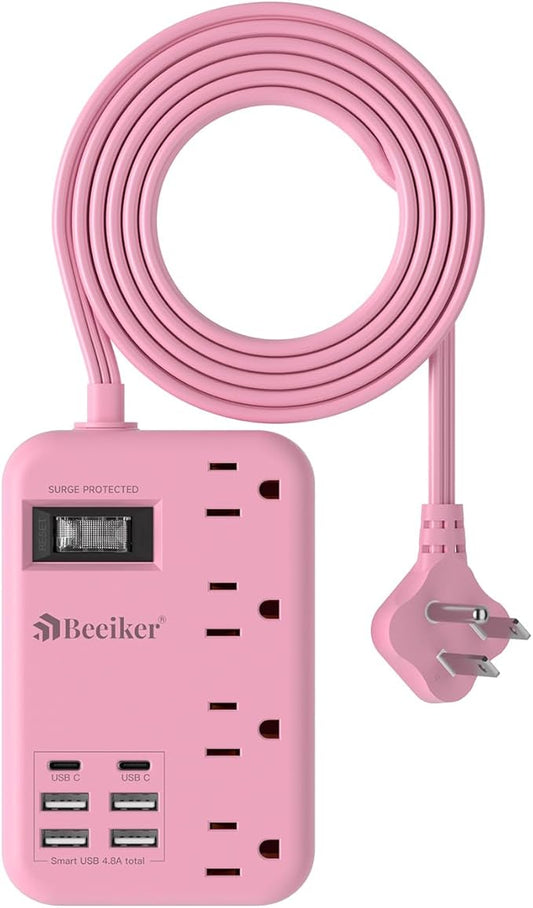 6 USB(2 USB C) Pink Extension Cord- 5Ft Travel Power Strip with 24W USB Charging Station and 4 Outlets, Pink Desk Accessories with Surge Protector for Cute Kawaii Gifts College Dorm Desk