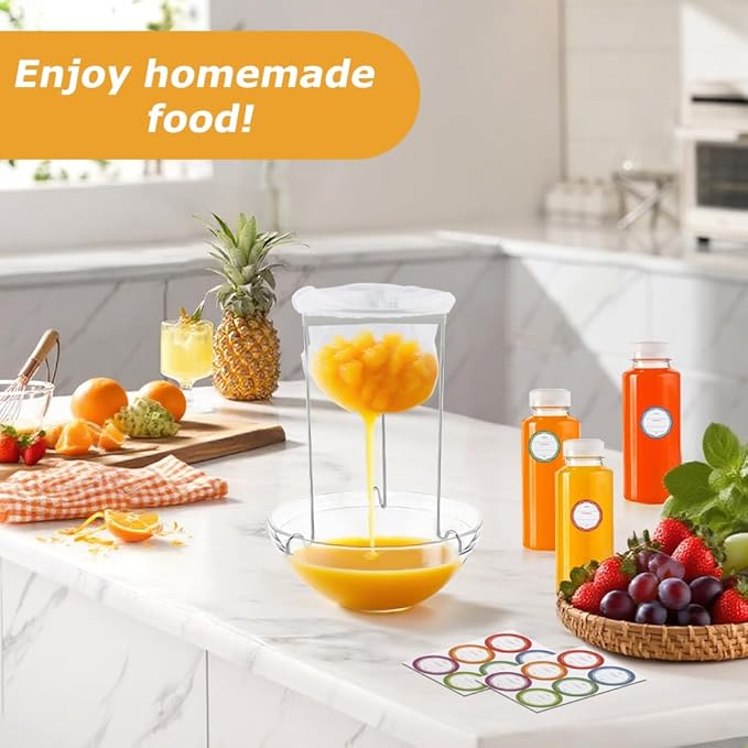 Jelly & Juice Strainer Kit: 3 Stable Stands, 5 Durable Mesh Bags & 12 Labels | Pulp-Free Canning & Nut Milk – Quick Straining for Home Cooks & Enthusiasts