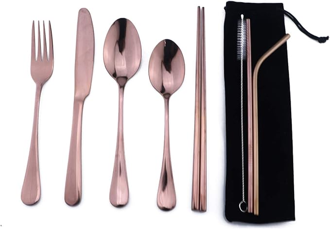 Gugrida Rose Gold Reusable Utensils with Case, Healthy & Eco-Friendly 8 Pieces Portable Stainless Steel Flatware Tableware Dinnerware Set, Portable Travel Camping Cutlery Knife Fork Spoon Straws Set