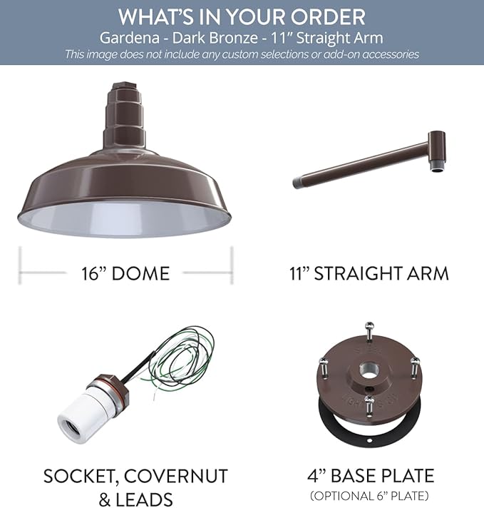 Steel Lighting Co. | Dusk to Dawn | Gardena Barn Light | Outdoor Wall Mounted | 16" Dome | 11" Straight Arm | Farmhouse Light Made in America | Dark Bronze Exterior/White Interior