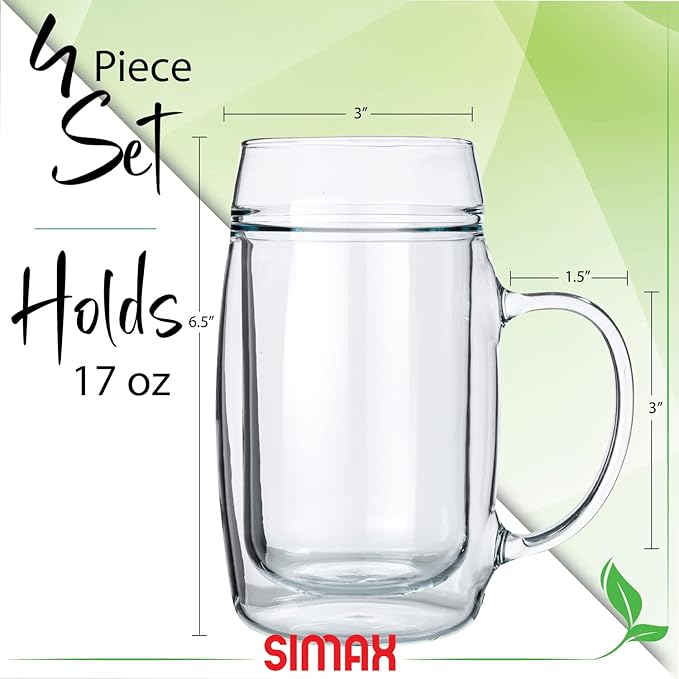 SIMAX Beer Mugs For Men, Set of 4 Double Walled Glass Beer Mug, Large Size 17 Ounce Freezable Beer Glasses, Pint Beer Mugs & Steins with Handles, Insulated Beer Glasses, Beer Mugs for Freezer