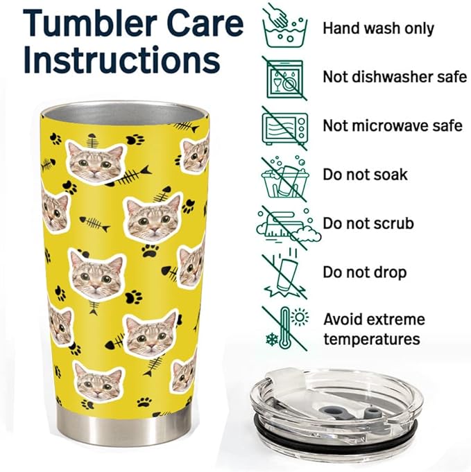 FunStudio Personalized Cat Face Tumbler with Pictures Kitty Pet Paw Custom Tumblers Coffee Travel Mug Cup Gift for Men Women, 20 Oz Insulated Stainless Steel