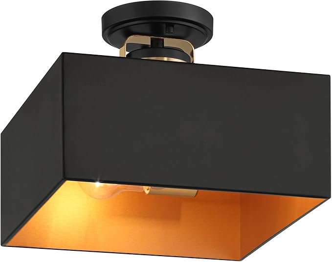 Possini Euro Design Artemis 12" Modern Semi Flush-Mount Ceiling Light Fixture Kitchen Foyer Hallway 2-Light Black Gold Finish Metal Bedroom Bathroom Entryway Living Room Indoor Office Mini