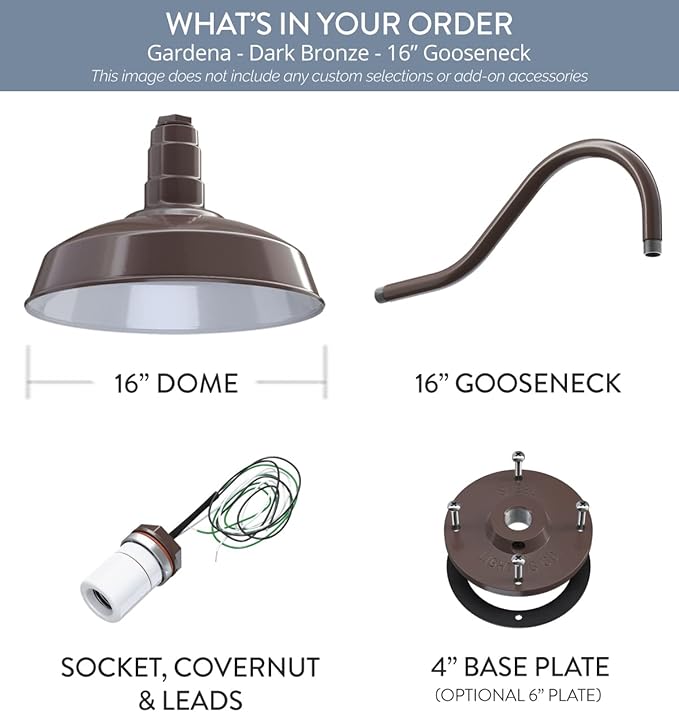 Steel Lighting Co. | Dusk to Dawn | Gardena Barn Light | Outdoor Wall Mounted | 16" Dome | 16" Gooseneck | Farmhouse Light Made in America | Dark Bronze Exterior/White Interior