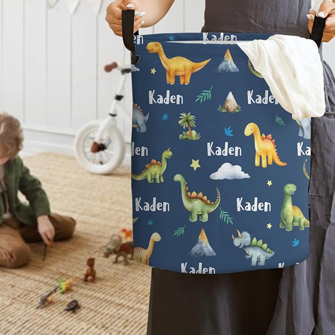 callie Personalized Dinosaur Laundry Basket for Kids, Waterproof Collapsible Laundry Hamper, Clothes Toys Storage Bin for Bedroom Nursery (13.8" x 16.5", 15.7" x 19.6")