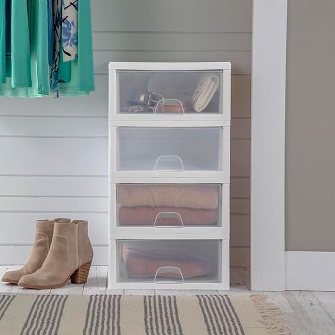 Sterilite 12-Pack 16 Quart Stacking Drawer, Clear Storage Closet Organizer, White Frame - Stackable Modular Plastic Drawers for Clothes, Accessories, Craft Supplies, Shoes or Linens