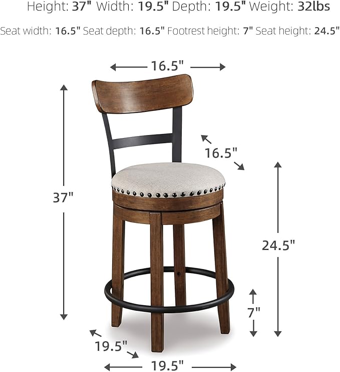 Signature Design by Ashley Valebeck Rustic Farmhouse Swivel Bar Stool – 24.5″ Counter Height, 360° Swivel Metal & Wood Frame, Polyester Upholstery – Brown