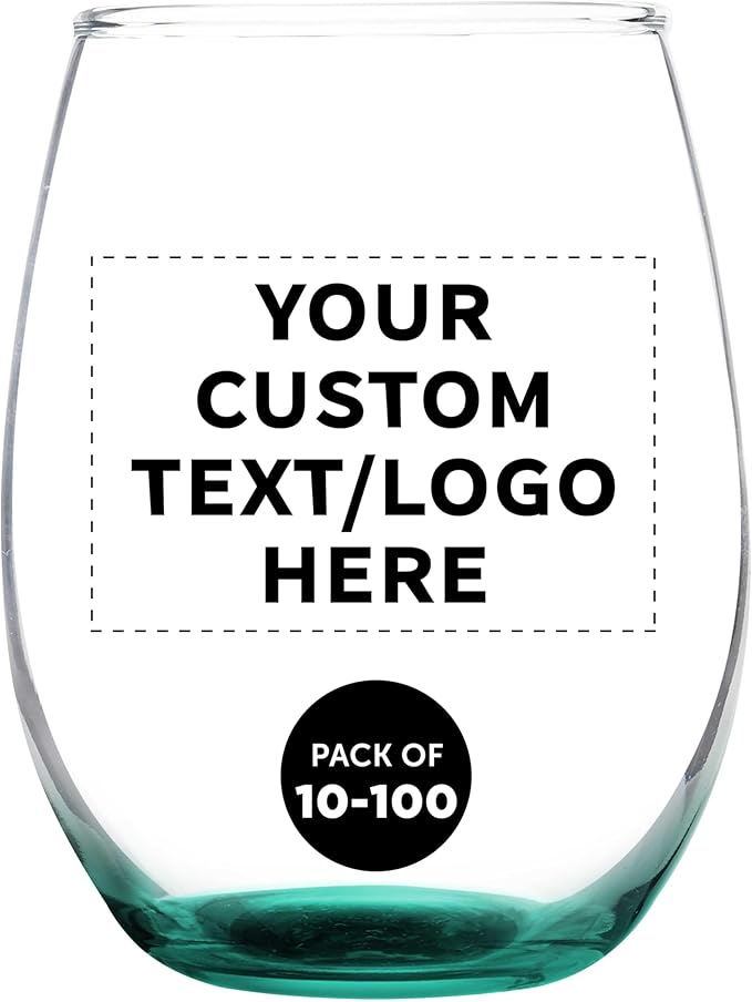 DISCOUNT PROMOS Custom Stemless Wine Glass 9 oz. Set of 10/50/100, Personalized Bulk Pack - Great for Wedding Favors, Bachelorette Party Decorations, Party Favors - Green