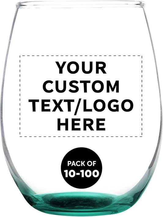 DISCOUNT PROMOS Custom Stemless Wine Glass 9 oz. Set of 10/50/100, Personalized Bulk Pack - Great for Wedding Favors, Bachelorette Party Decorations, Party Favors - Green