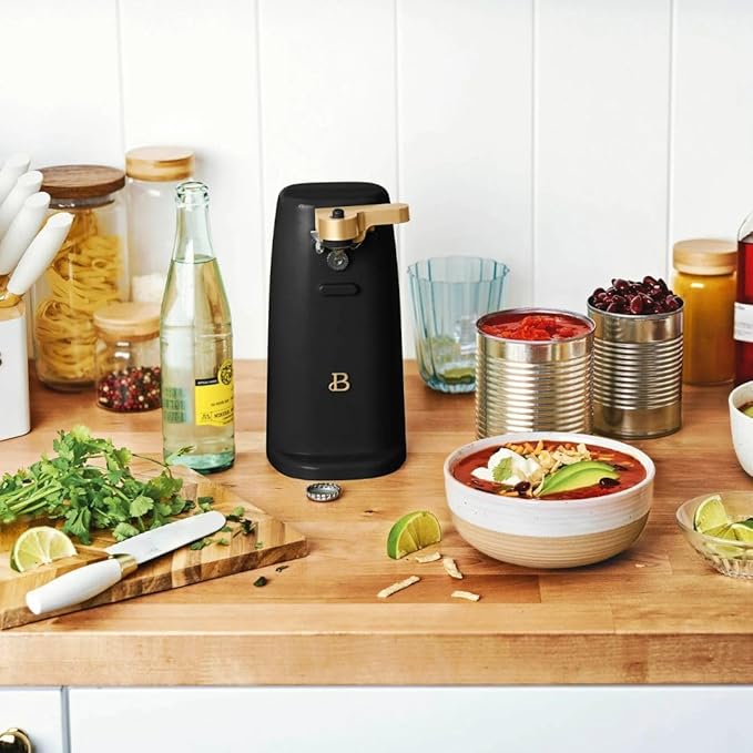 Beautiful Easy-Prep Electric Can Opener, Stainless Steel Blade, Built-in Knife Sharpener, Auto-Stop Safety, Cord Storage by Drew Barrymore (Black)