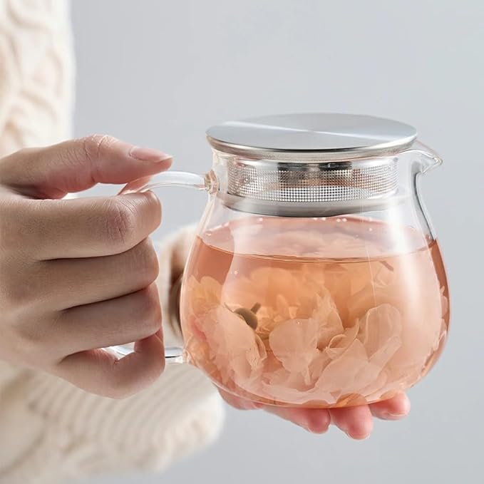 IwaiLoft Glass Teapot with Removable Stainless Steel Filter Lid Stovetop & Microwave Safe Borosilicate Glass Kettle for Loose Leaf, Blooming Tea And Coffee Sharing (15OZ)