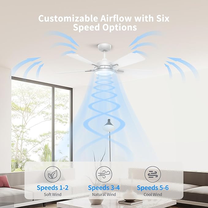 Roomratv Ceiling Fans with Lights,46 Inch,Remote Control,Night Light,Dimmable,Reversible,Noiseless,6 Speeds,Timer,White Modern Ceiling Fan for Living Room,Bedroom,Kitchens,Kis room,Outdoor Patio