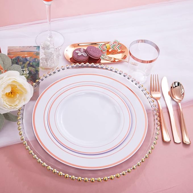 WDF 120 pieces Rose Gold Plates Disposable - Heavy Duty Rose Gold Plastic Plates Perfect for Valentines Day, Mother's Day, Wedding, Birthday