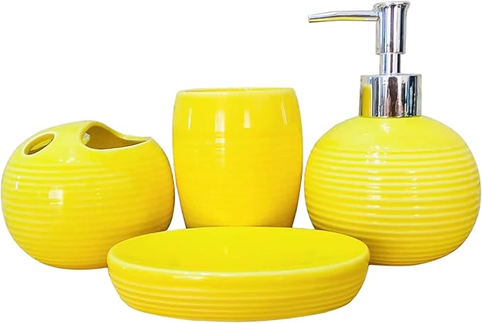 4Pcs/Set Yellow Bathroom Accessories Ceramic Vibrant Soap Dispenser with Toothbrush Holder & Soap Dish & Cup Complete Toothbrush Holder Set