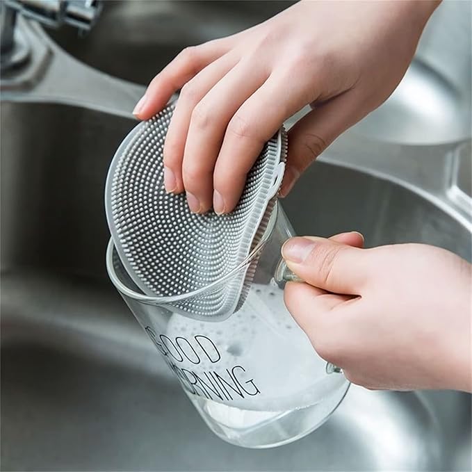 4PCS Silicone Dish Scrubber, Multipurpose Round Silicone Sponges Reusable Dish Brush Dish Brush for Kitchen Dish Dishes Fruits Vegetables(Gray+White)