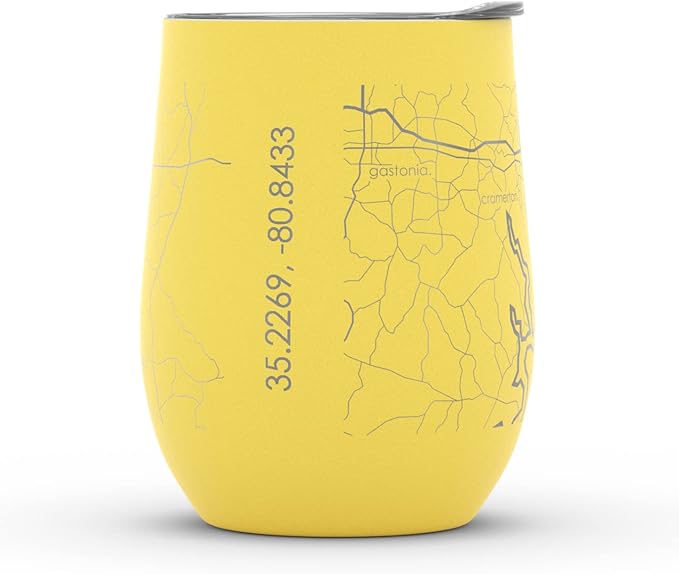 Well Told Engraved Charlotte North Carolina Map Insulated Wine Tumbler, Etched Stainless Steel Cup (12 oz, Sunrise Yellow) City Map Insulated Tumbler, Custom Insulated Tumbler, Outdoor Drinkware