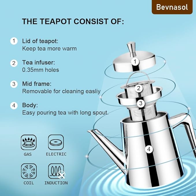 304 Stainless Steel Teapot Long Strain Large Capacity Teapot with Infuser and Removable Filter for Home Restaurant Office Dinnerware Accessories Drinkware Item (750ml)