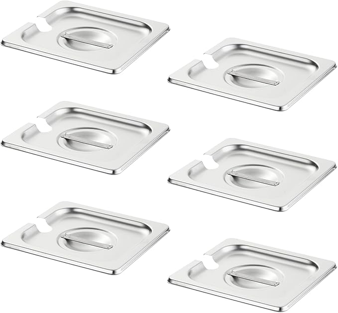 HECMAC 6-Pack 1/6 Size Notched Hotel Pan Cover, Heavy Duty, Stainless Steel Solid Steam Table Catering Food Pan Lid with Handle