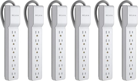 Belkin 6-Outlet Power Strip Surge Protector w/Flat Rotating Plug, 6ft Cord – Ideal for Personal Electronics, Small Appliances and More (1080 Joules), White, 6' - 6 Pack