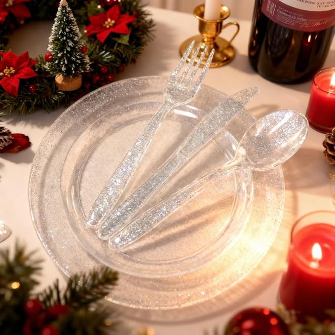 WDF 120PCS Silver Plastic Plates- Disposable Silver Glitter Plates, Premium Heavy Duty 60-10.25" Dinner Plates and 60-7.5" Salad Plates for Christmas Parties &Wedding