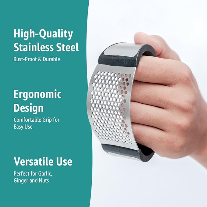 Garlic press rocker, crusher, mincer tool stainless steel with a Garlic Peeler, spatula, and Brush extract more Garlic Paste. The Garlic Mincer Tool Squeezes, Extracts, Crushes