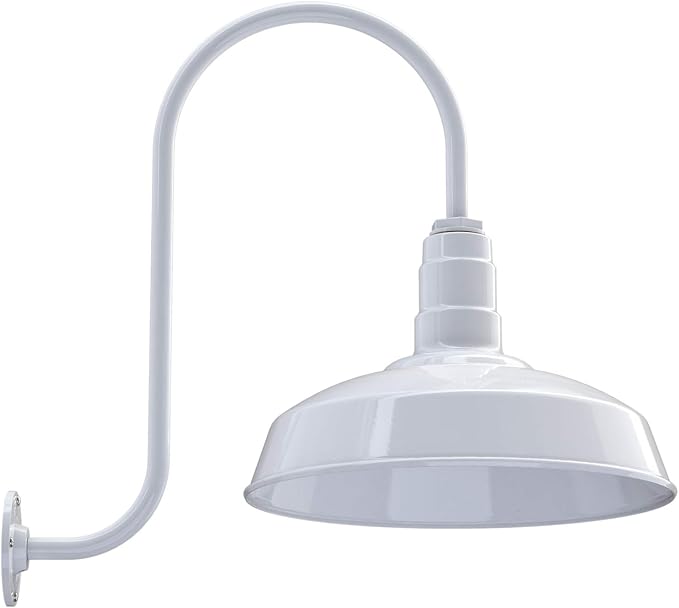 Steel Lighting Co. | Dusk to Dawn | Gardena Barn Light | Outdoor Wall Mounted | 16" Dome | Upslope Gooseneck | Farmhouse Light Made in America | White Exterior/White Interior