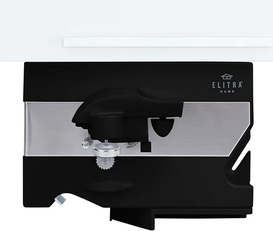 Electric Can Opener - 4 in 1 Under the Cabinet Mounted Can Opener, Blade Sharpener, Bottle Opener, Jar Opener, Mounting Bracket, Large or Small Cans for Seniors with Arthritis - Elitra Home (Black)