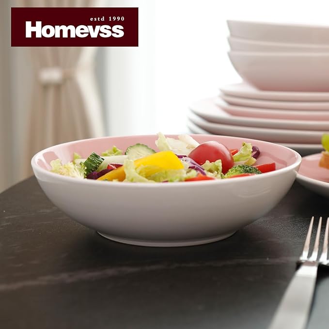 Stoneware Coupe Shape 18pc Dinnerware Set, Outside White + Inside Pink