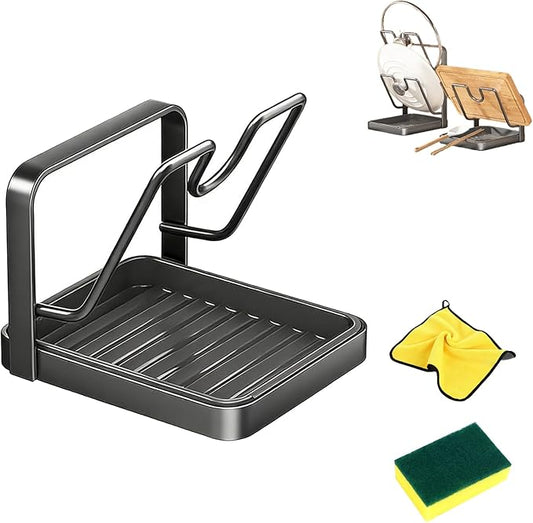 Kitchen Pot Lid Storage Rack with Tray, Pot Lid Organizer Rack While Cooking, Multifunctional Carbon Steel Kitchen Pot Lid and Spoon Storage Rack for Counter (Grey, Single-Layer)