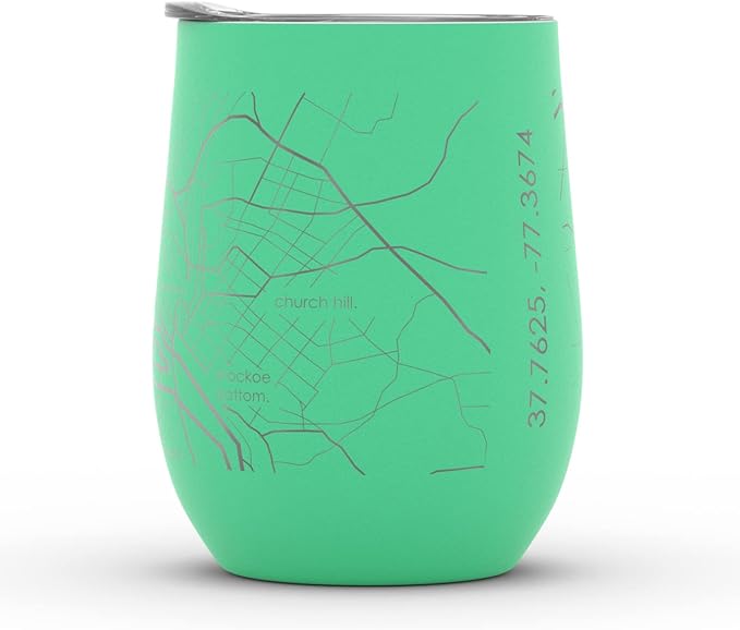 Well Told Engraved Richmond Virginia Map Insulated Wine Tumbler, Etched Stainless Steel Cup (12 oz, Sunday Green) City Map Insulated Tumbler, Custom Insulated Tumbler, Outdoor Drinkware
