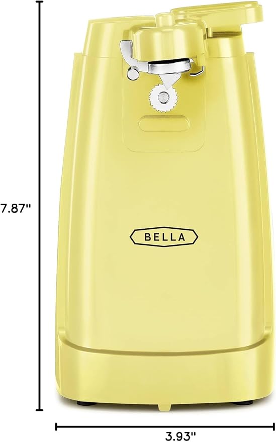 bella Electric Can Opener and Knife Sharpener, Multifunctional Bottle Opener with Removable Cutting Lever and Cord Storage, Stainless Steel Blade, Yellow