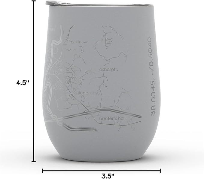 Well Told Engraved Charlottesville Virginia Map Insulated Wine Tumbler, Etched Stainless Steel Cup (12 oz, Dockside Gray) City Map Insulated Tumbler, Custom Insulated Tumbler, Outdoor Drinkware