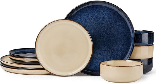 Herogo 12 Pieces Stoneware Dinnerware Dishes Sets for 4, Kitchen Dining Plates and Bowls Sets, Double Reactive Glaze, Microwave & Dishwasher Safe, Scratch Resistant, Starry Blue & Cream Khaki