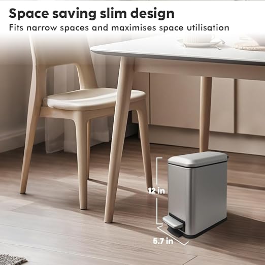 Bathroom Trash Can, 5 Liter / 1.3 Gallon Stainless Steel Garbage Can with Removable Inner Bucket, Slim Trash Bin for Small Spaces, Soft Close, Step Pedal, Fingerprint Proof, Grey