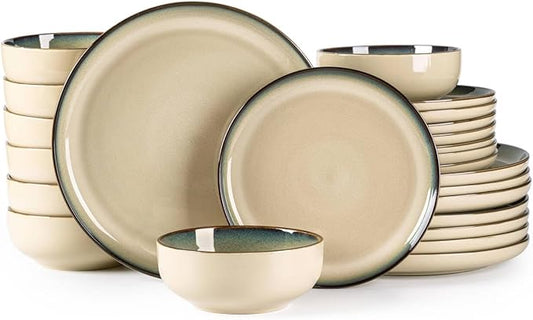 GBHOME Ceramic Dinnerware Sets for 8, 24 Pieces Stoneware Plates and Bowls Sets, Reactive Glaze Dishes -Scratch Resistant, Dishwasher&Microwave Safe, Pale Khaki